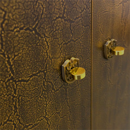 Detailansicht Sideboard, Original 30er Jahre Artdeco Möbel, Korpus hochglanz schwarz poliert, Türfronten echtmetall Beschichtung (Messing Cracked)